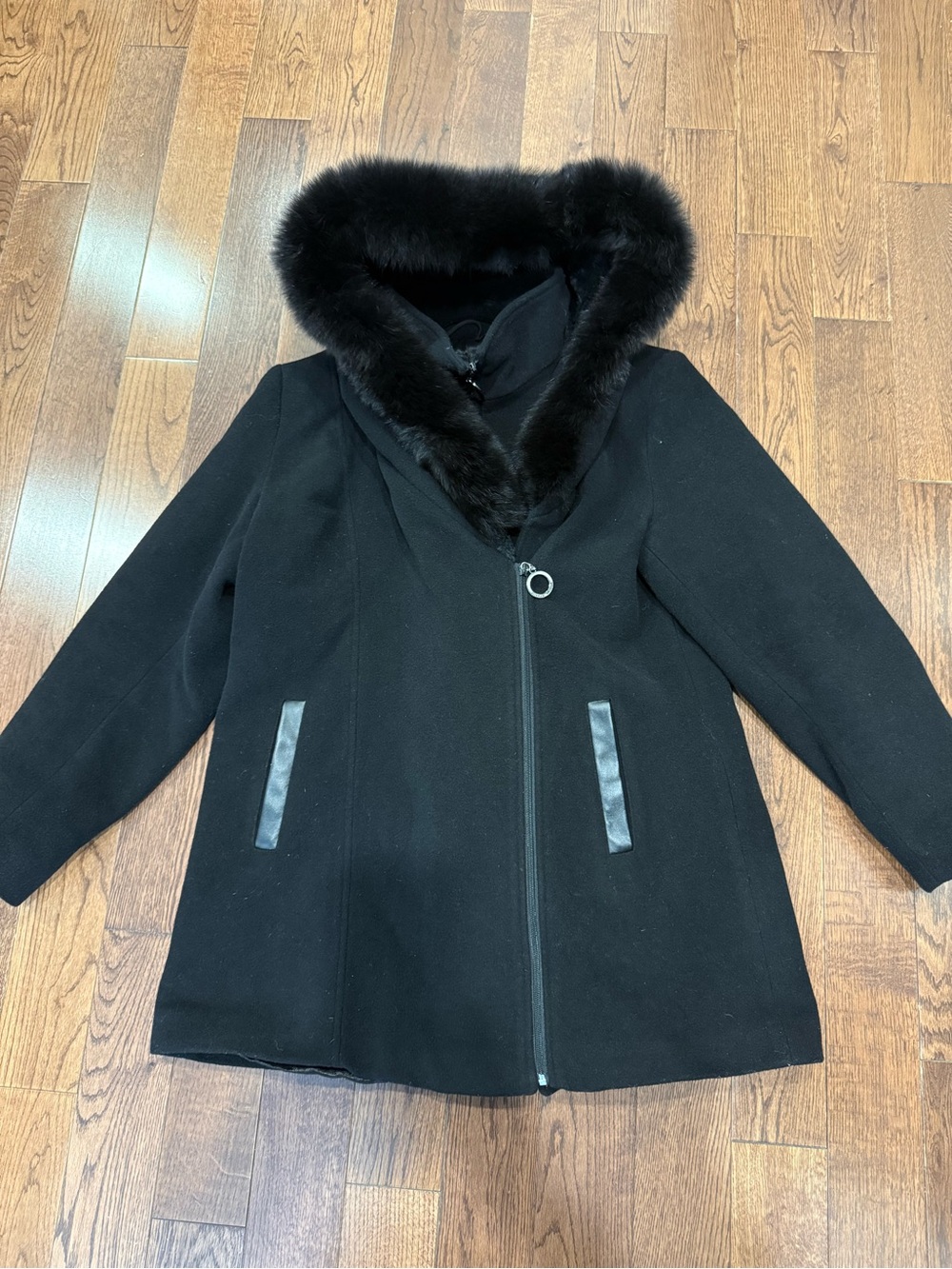 Women's Black Hooded Cashmere & Wool Winter Coat with Fur Trim